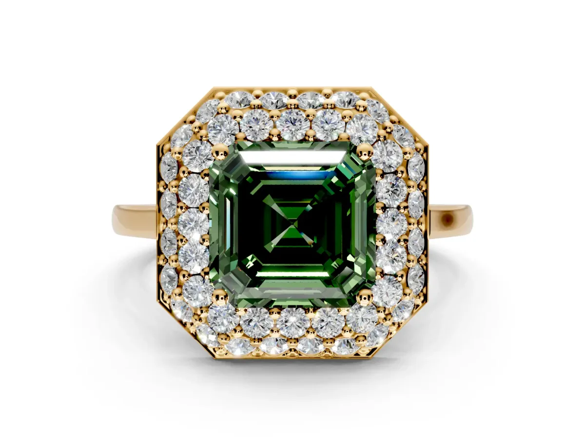 Halo Engagement Ring Setting for Fancy Green Asscher Cut Center with Plain Tapered Band and Prong Head in Yellow Gold
