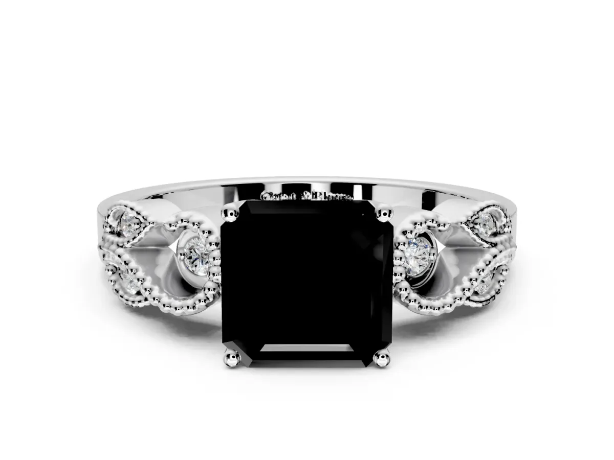 Leaf Engagement Ring Setting for Fancy Black Asscher Cut Center with Milgrain Accent Band and Prong Head in Platinum