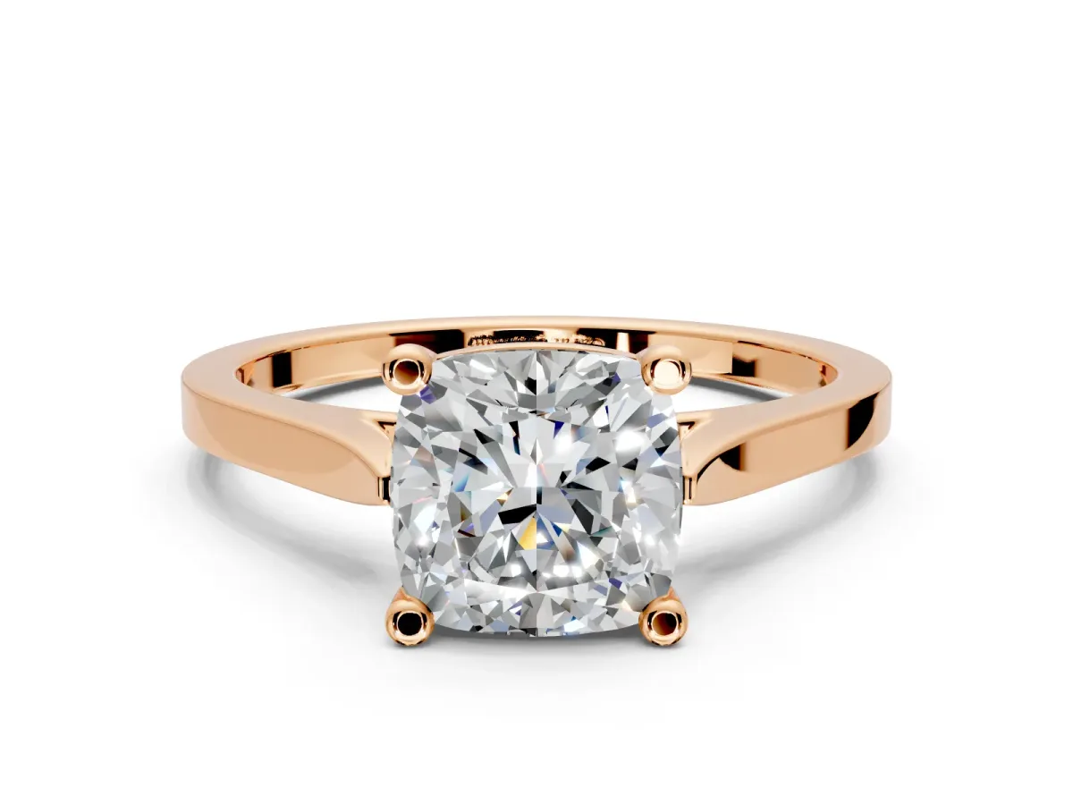 Solitaire Engagement Ring Setting for Cushion Cut Center with Tapered Shoulders and Prong Head in Rose Gold