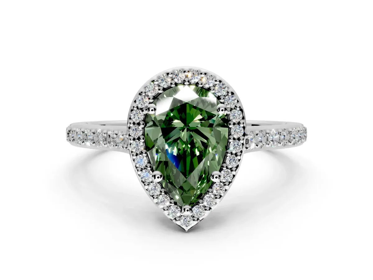 Halo Engagement Ring Setting for Fancy Green Pear-Shaped Center with Pave Accents, Heart Basket and Prong Head in Platinum