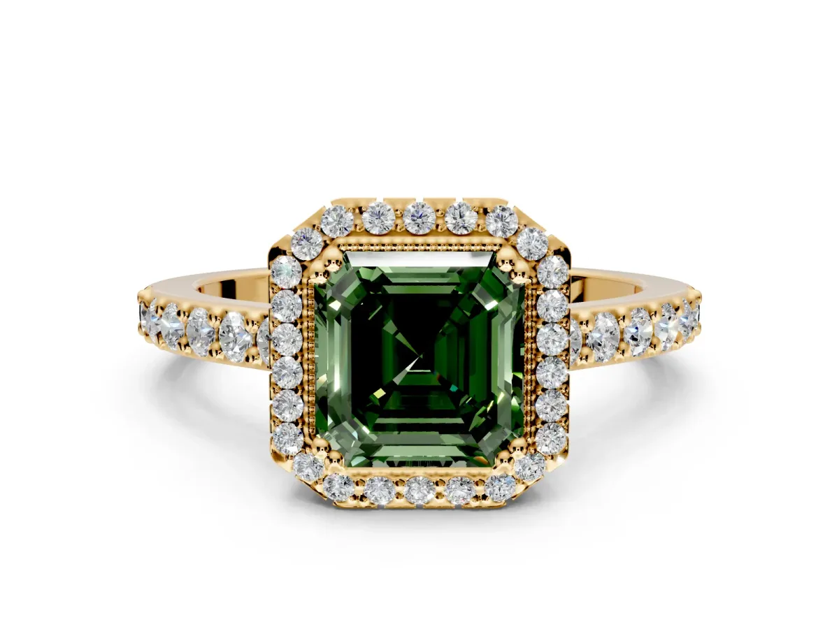 Halo Engagement Ring Setting for Fancy Green Asscher Cut Center with Inner Milgrain Border and Prong Head in Yellow Gold