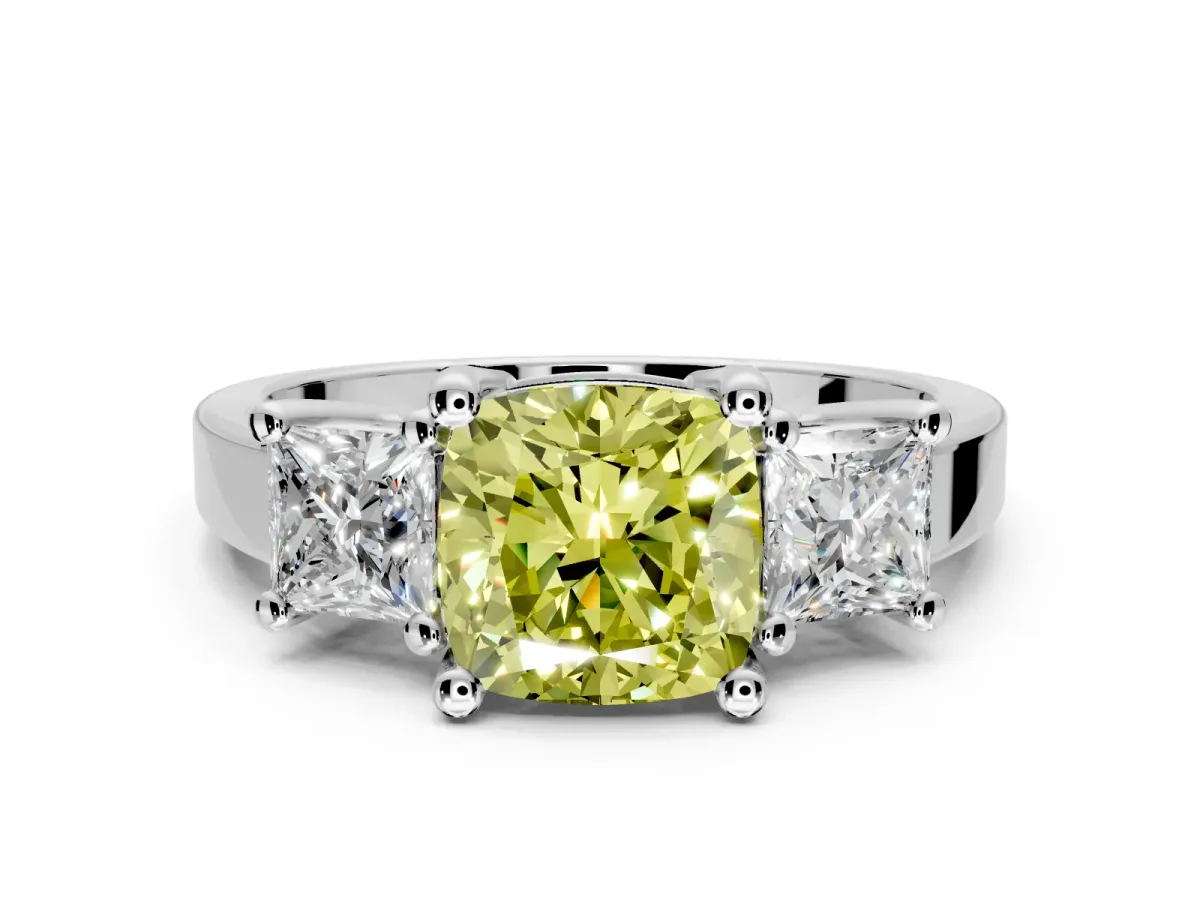 3 Stone Engagement Ring Setting for Fancy Yellow Cushion Cut Center with Matching Side Accents and Prong Head in Platinum