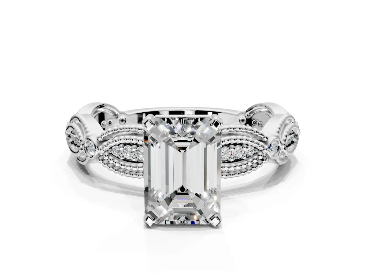 Solitaire Engagement Ring Setting for Emerald Cut Center with Marquise Panel Band and Prong Head in Sterling Silver