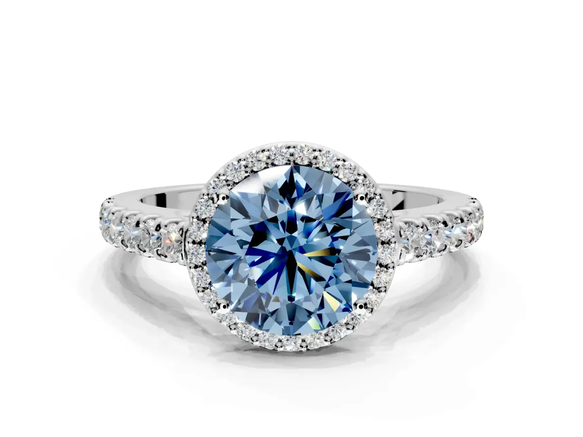 Halo Engagement Ring Setting for Fancy Blue Round Cut Center with Full Pave Band and Prong Head in White Gold
