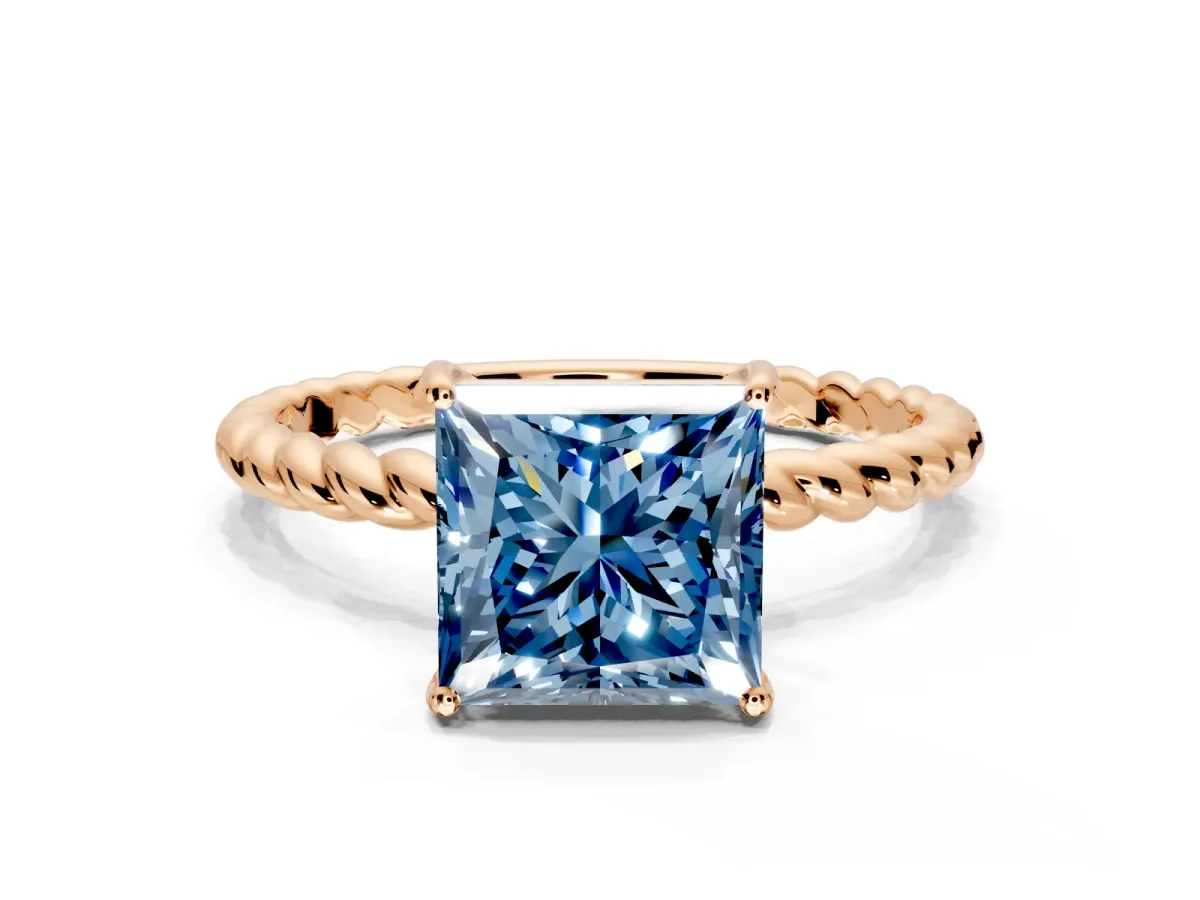 Solitaire Engagement Ring Setting for Fancy Blue Princess Cut Center with Plain Twisted Rope Band and Prong Head in Rose Gold