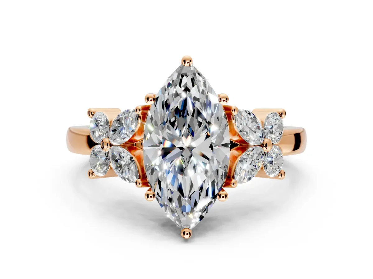 Floral Engagement Ring Setting for Marquise Center with Marquise Cluster Shoulders and Prong Head in Rose Gold