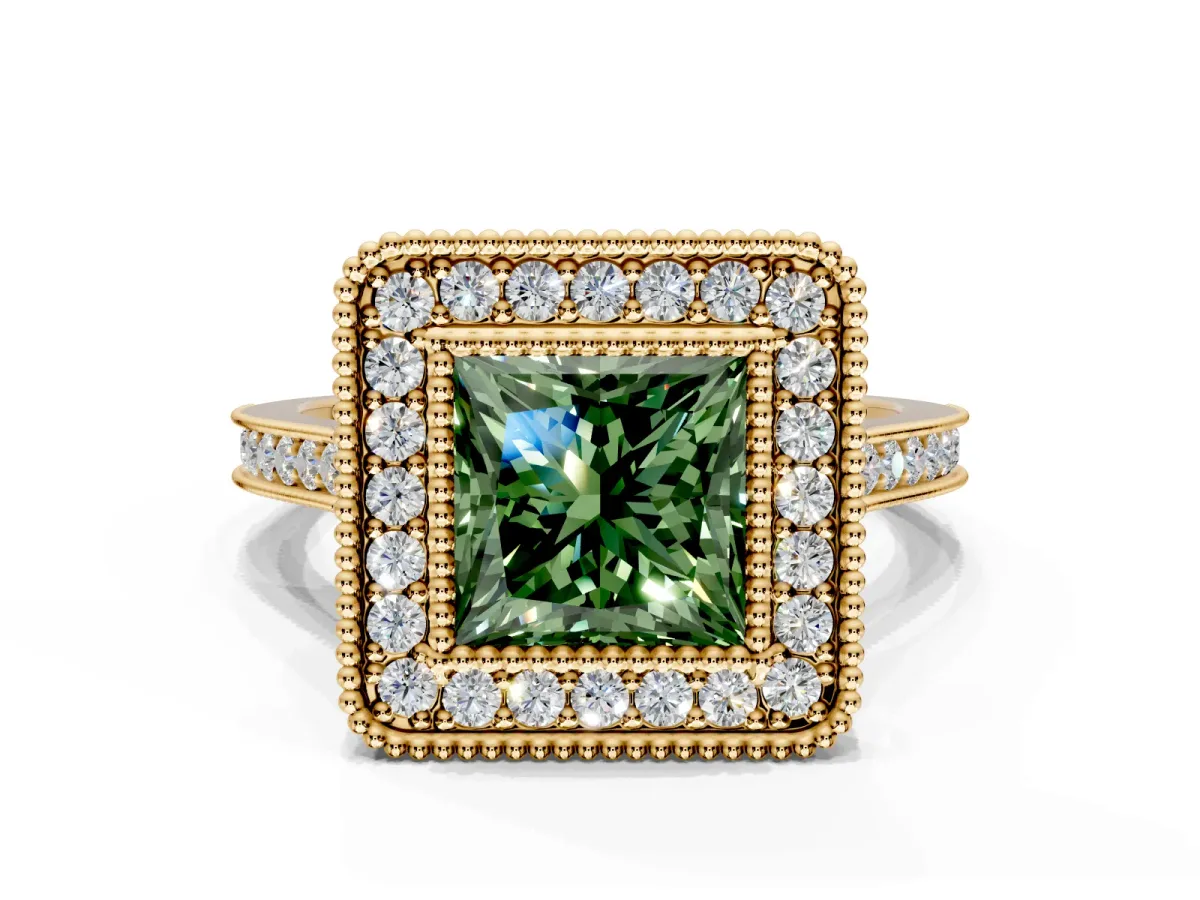Halo Engagement Ring Setting for Fancy Green Princess Cut Center with Milgrain Frame, Pave Band and Prong Head in Yellow Gold