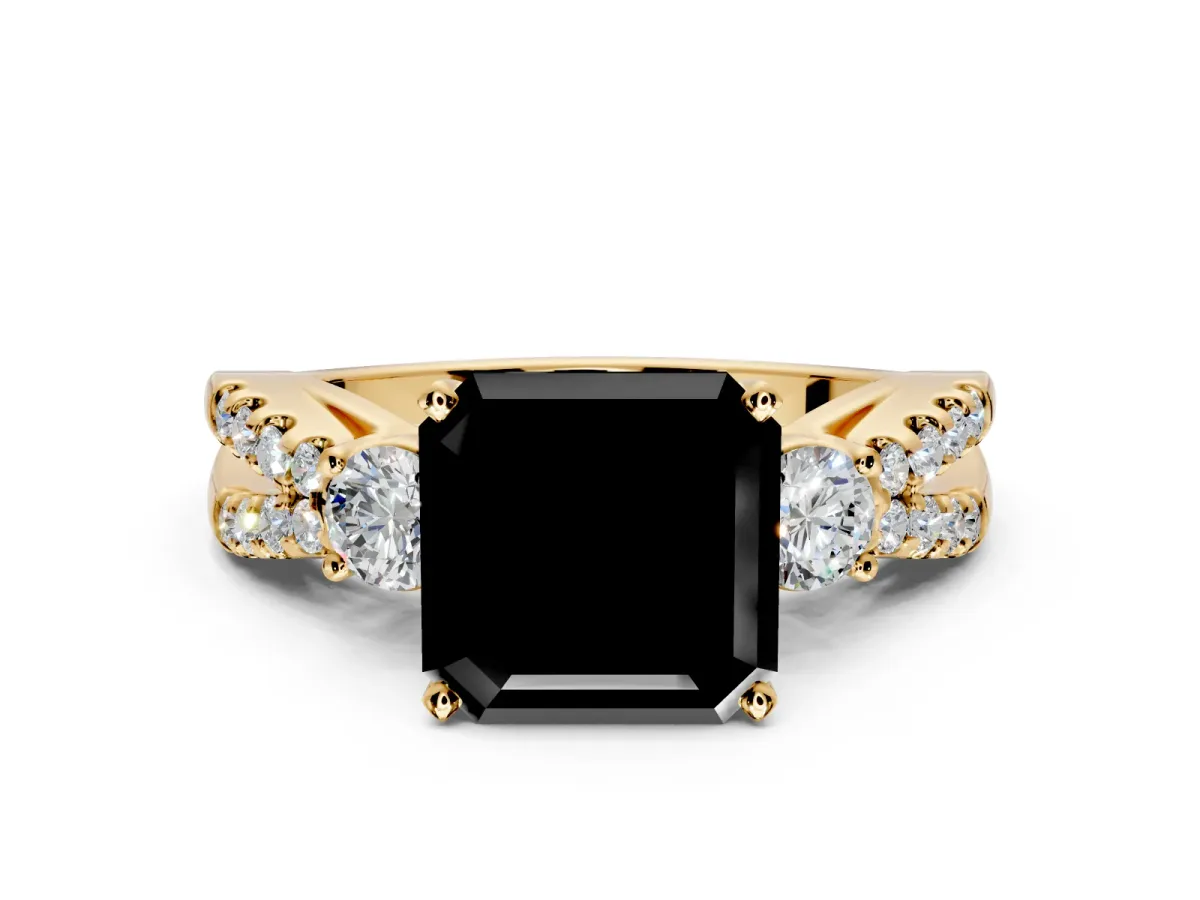 3 Stone Engagement Ring Setting for Fancy Black Asscher Cut Center with Pave Split Shank and Prong Head in Yellow Gold