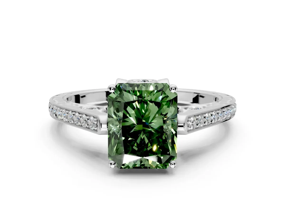 Cathedral Engagement Ring Setting for Fancy Green Radiant Cut Center with Antique-Style Pave Band and Prong Head in Platinum