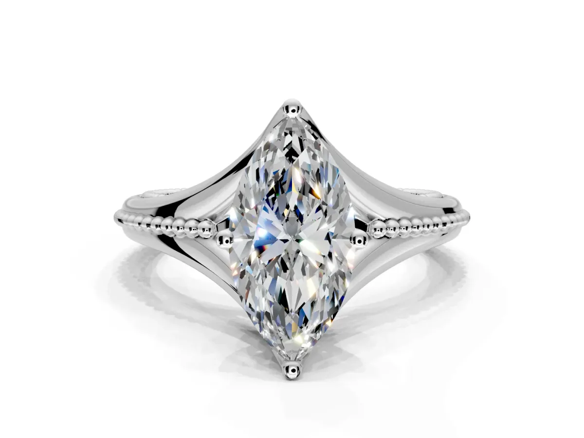 Solitaire Engagement Ring Setting for Marquise Center with Milgrain Cathedral Band and Prong Head in White Gold