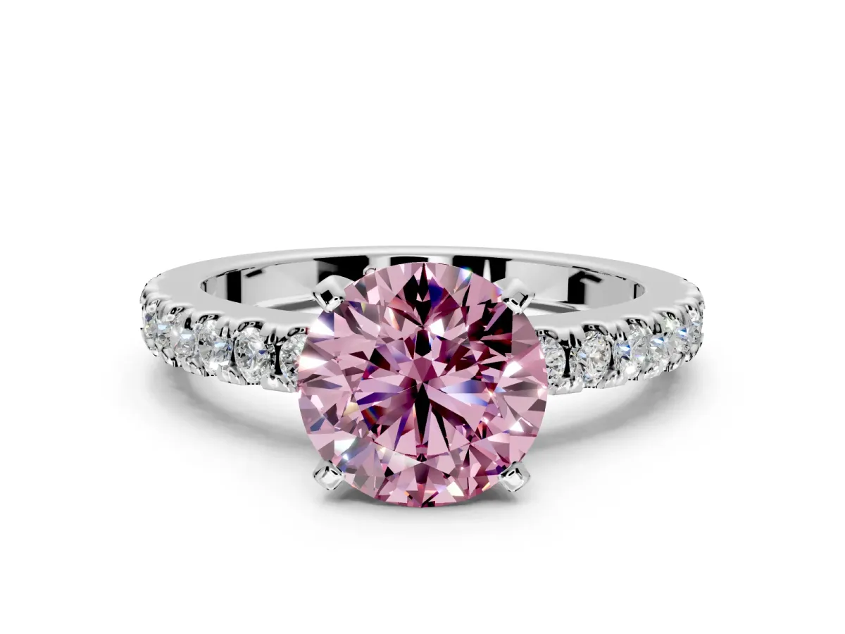 Solitaire Engagement Ring Setting for Fancy Pink Round Cut Center with Single Row Accent Band and Prong Head in Sterling Silver