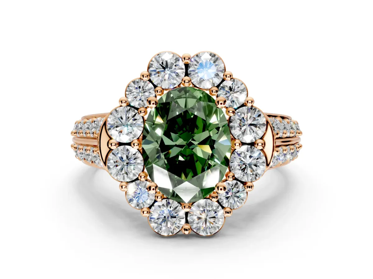 Large Accent Halo Engagement Ring Setting for Fancy Green Oval Center with Pave Split Shank and Prong Head in Rose Gold