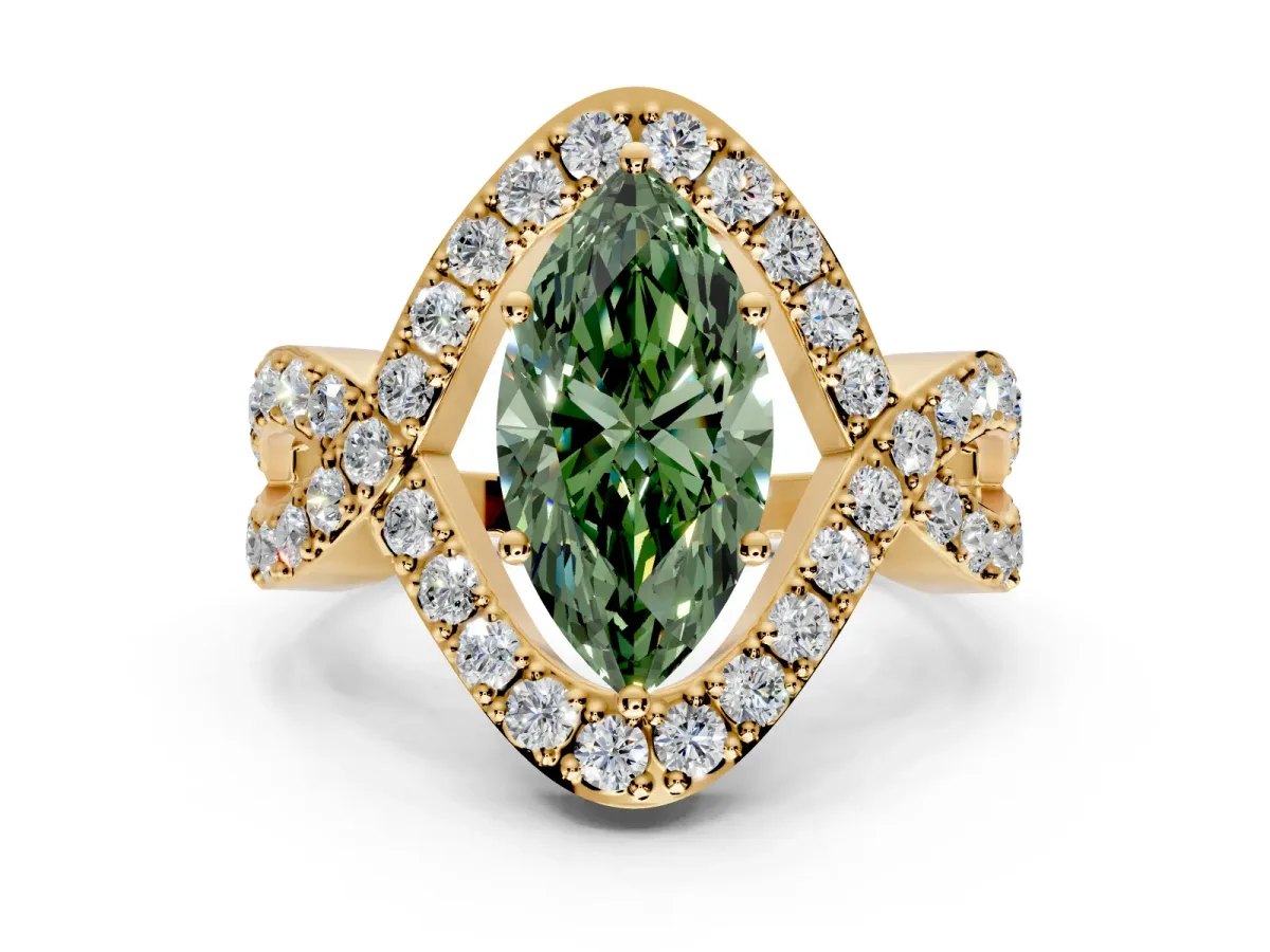 Halo Engagement Ring Setting for Fancy Green Marquise Center with Pave Infinity Twist Band and Prong Head in Yellow Gold