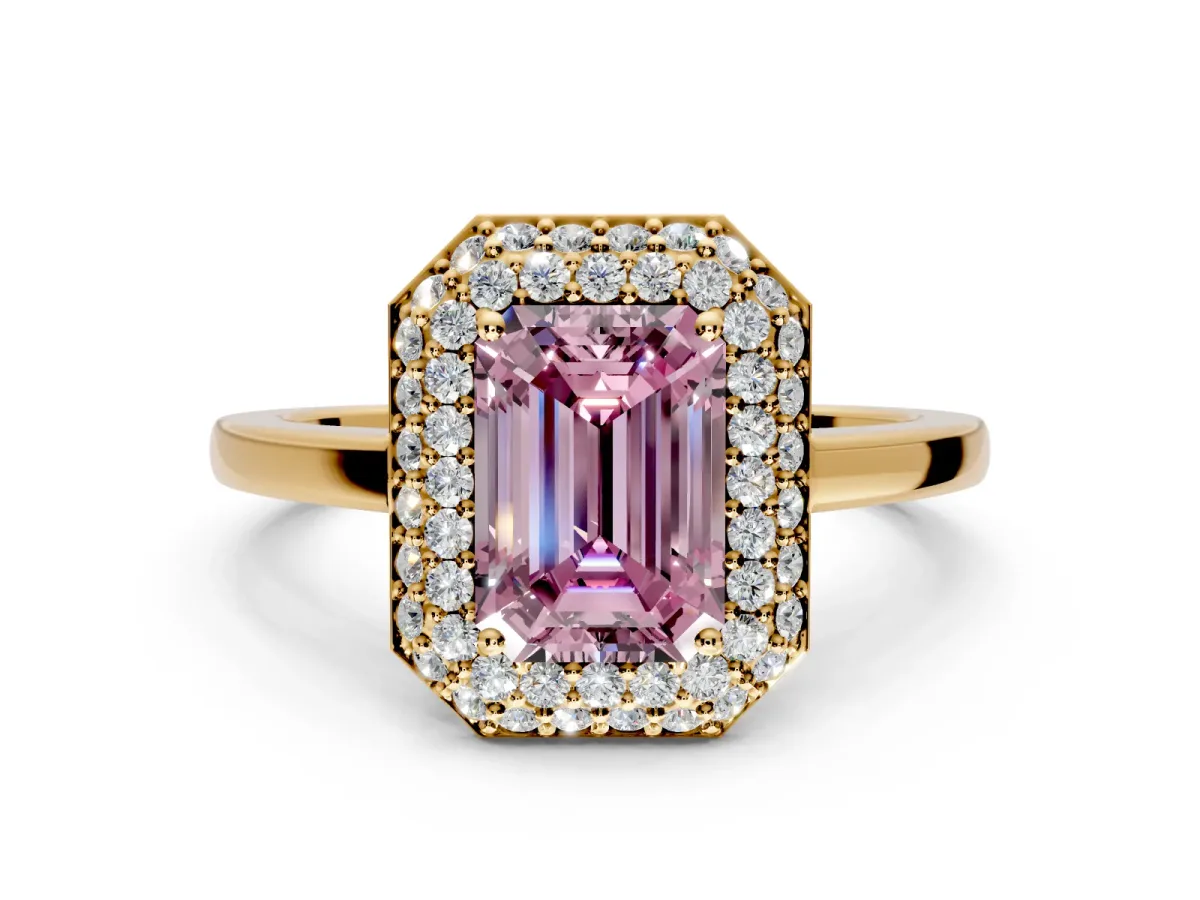 Halo Engagement Ring Setting for Fancy Pink Emerald Cut Center with Plain Tapered Band and Prong Head in Yellow Gold
