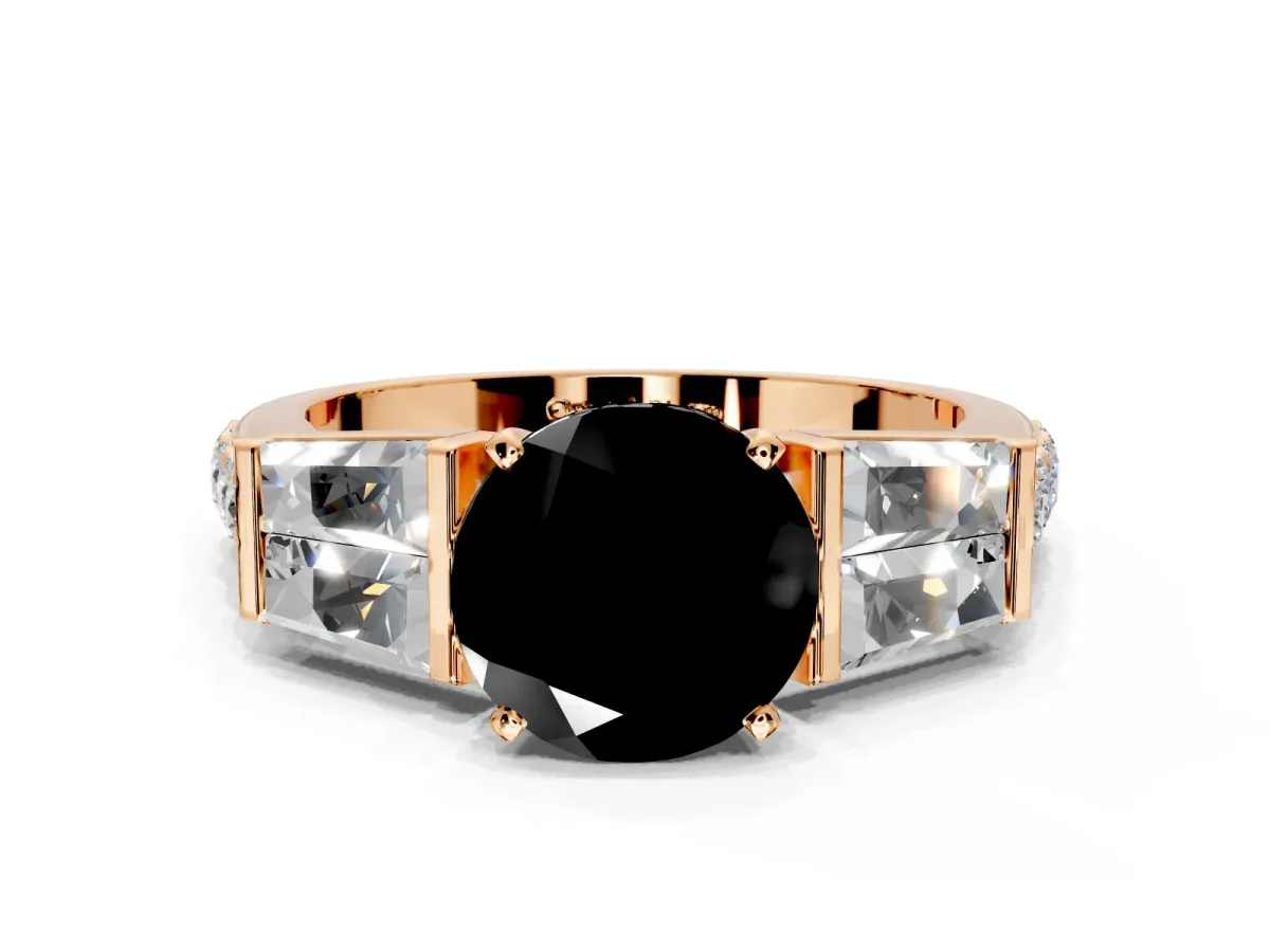 Channel-Set Engagement Ring Setting for Fancy Black Round Cut Center with Baguette Band and Prong Head in Rose Gold