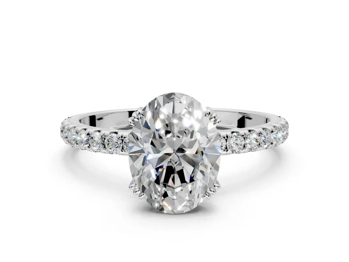 Solitaire Engagement Ring Setting for Oval Center with Pave Band and Claw Prong Head in White Gold