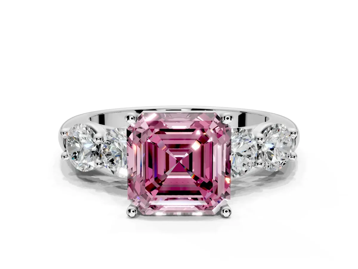 5 Stone Engagement Ring Setting for Fancy Pink Asscher Cut Center with Graduated Accents and Prong Head in Sterling Silver