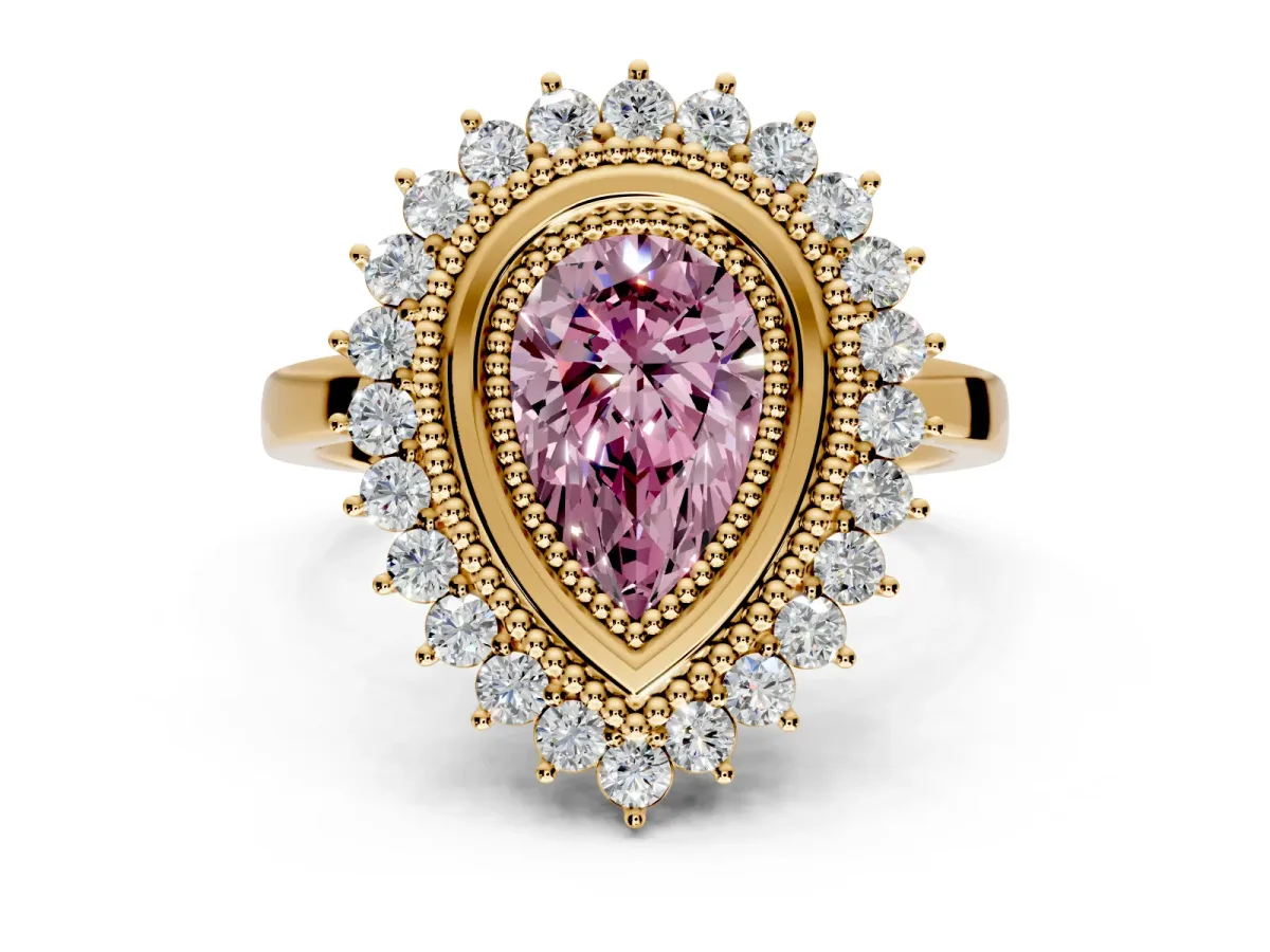 Halo Engagement Ring Setting for Fancy Pink Pear-Shaped Center with Milgrain Bezel Rim, Plain Band and Prong Head in Yellow Gold