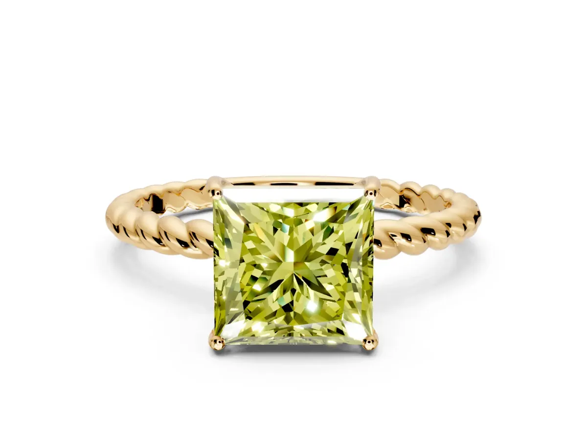 Solitaire Engagement Ring Setting for Fancy Yellow Princess Cut Center with Plain Twisted Rope Band and Prong Head in Yellow Gold