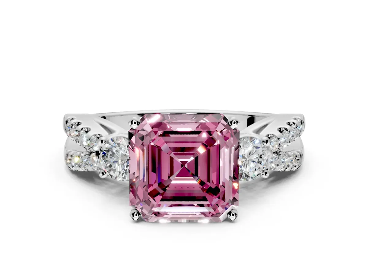 3 Stone Engagement Ring Setting for Fancy Pink Asscher Cut Center with Pave Split Shank and Prong Head in Sterling Silver