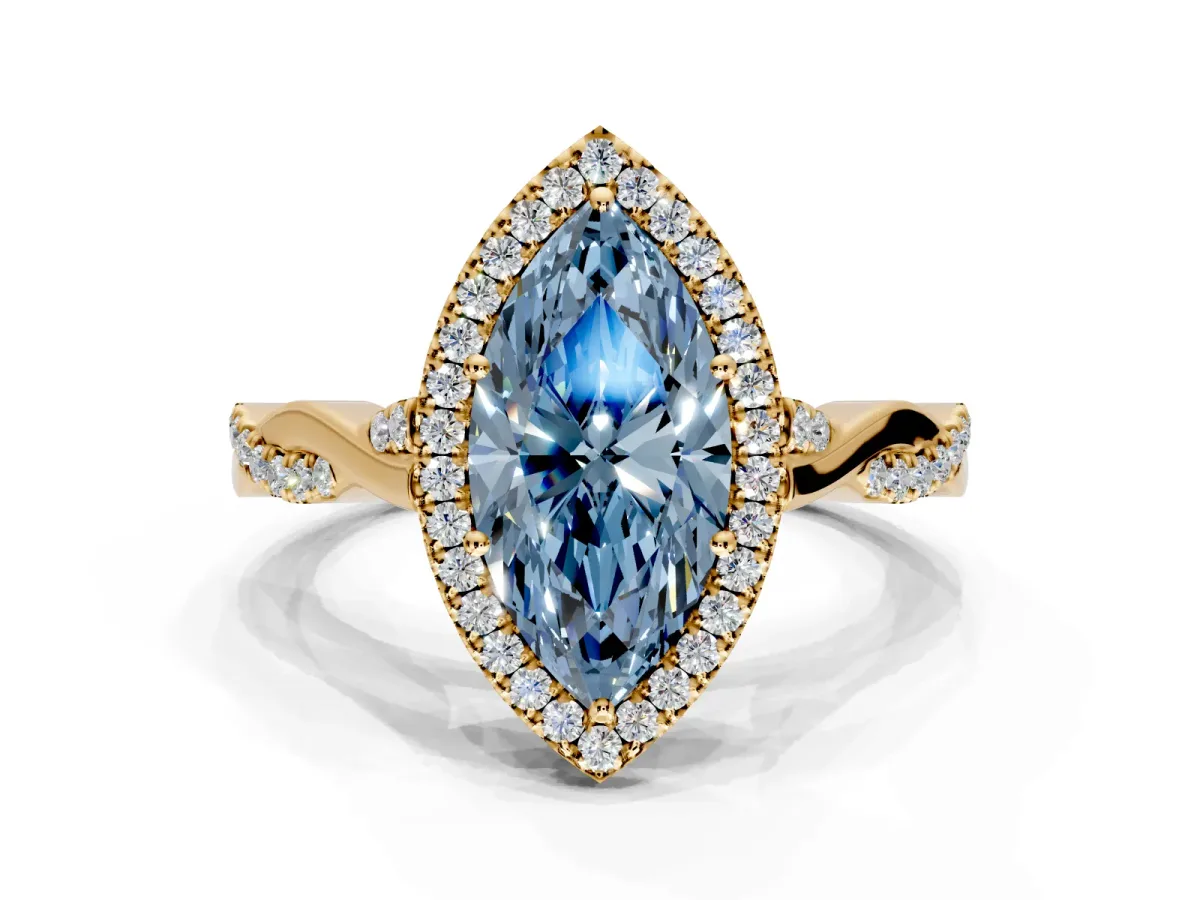 Halo Engagement Ring Setting for Fancy Blue Marquise Center with Twist Band and Prong Head in Yellow Gold