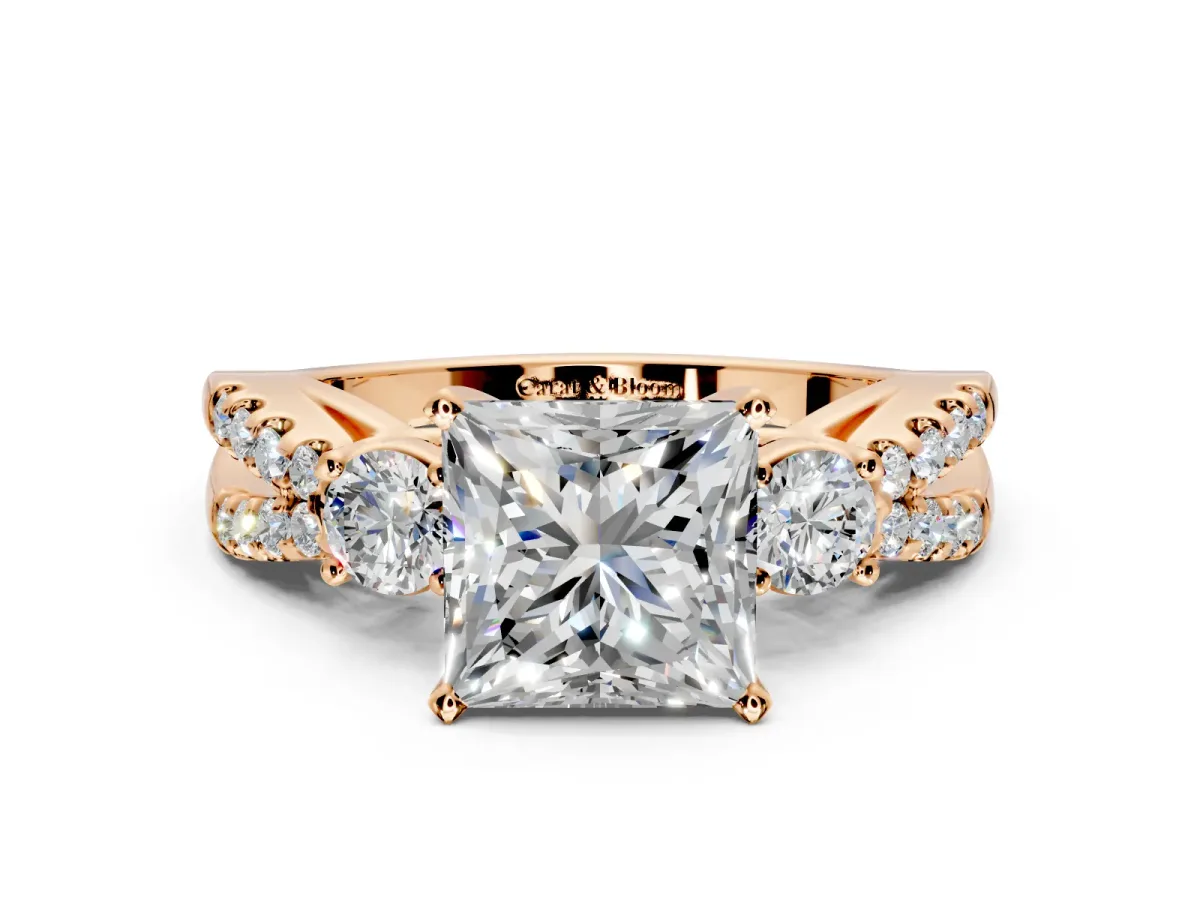 3 Stone Engagement Ring Setting for Princess Cut Center with Pave Split Shank and Prong Head in Rose Gold