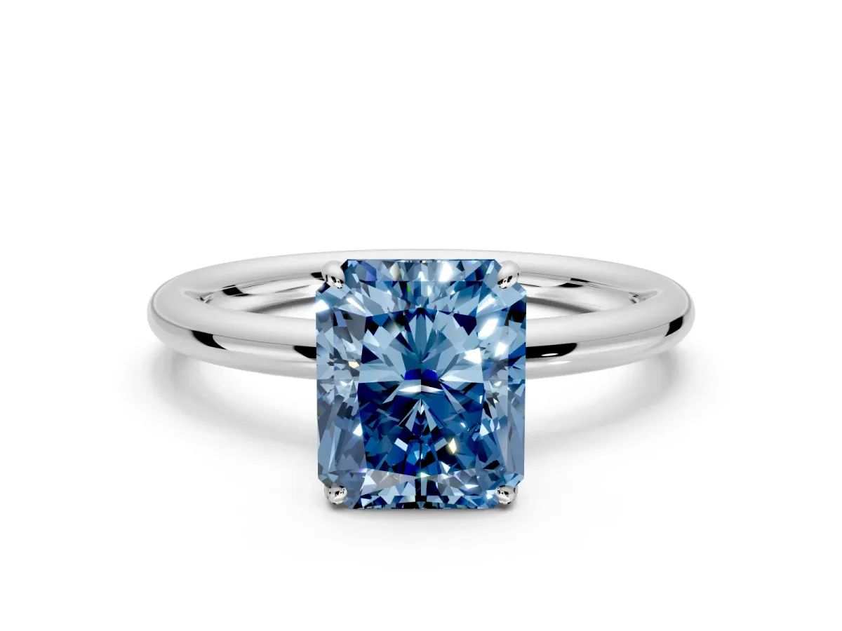 Low-Set Solitaire Engagement Ring Setting for Fancy Blue Radiant Cut Center with Thin Plain Band and Prong Head in White Gold