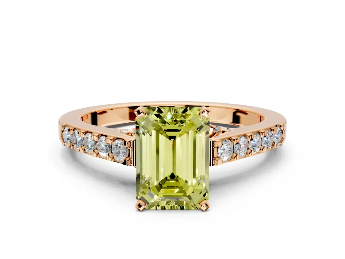 Solitaire Engagement Ring Setting for Fancy Yellow Emerald Cut Center with Crossover Accents and Prong Head in Rose Gold
