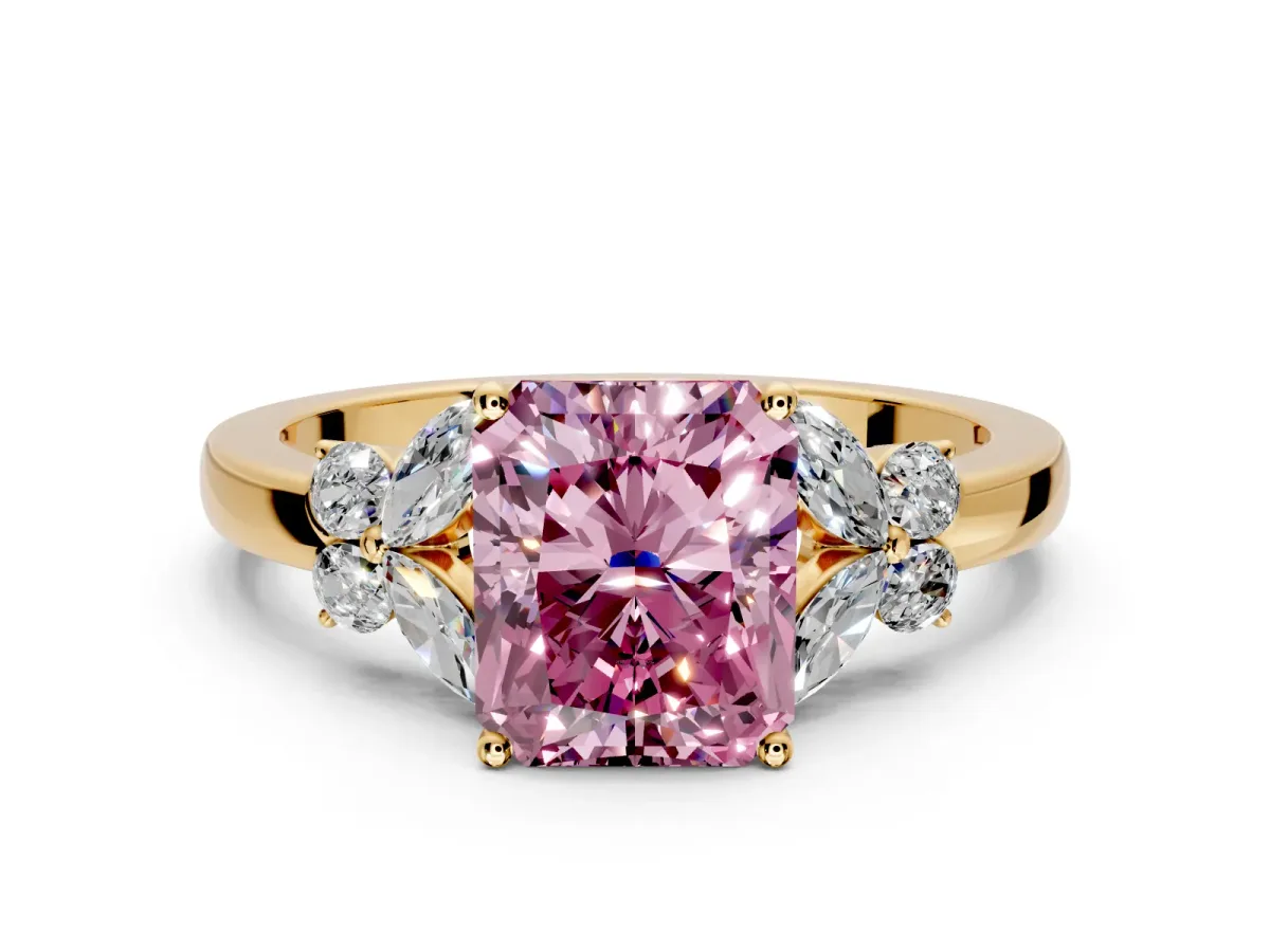 Solitaire Engagement Ring Setting for Fancy Pink Radiant Cut Center with Marquise Flower Shoulders and Prong Head in Yellow Gold