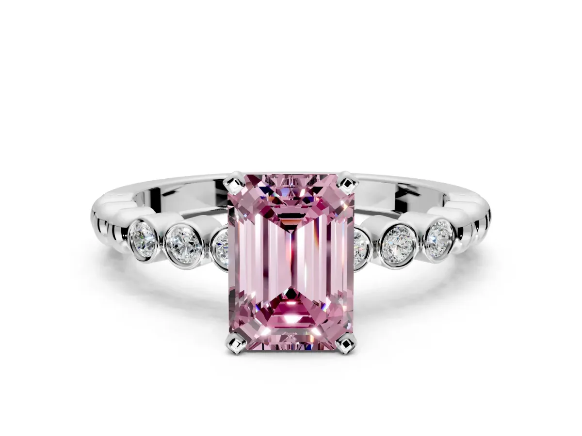 Solitaire Engagement Ring Setting for Fancy Pink Emerald Cut Center with Bezel-Dot Beaded Band and Prong Head in Platinum