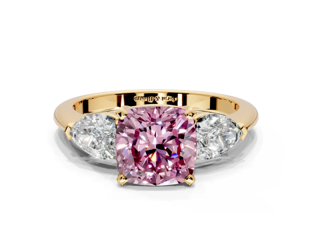 3 Stone Engagement Ring Setting for Fancy Pink Cushion Cut Center with Large Pear-Shaped Accents and Prong Head in Yellow Gold