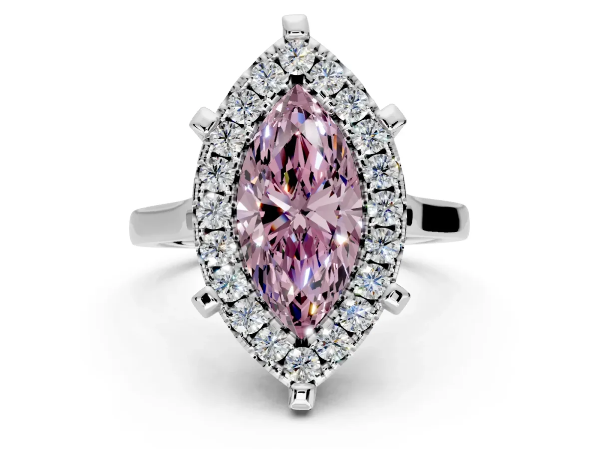 Single Halo Engagement Ring Setting for Fancy Pink Marquise Center with Corner Claws, Plain Band and Prong Head in Platinum