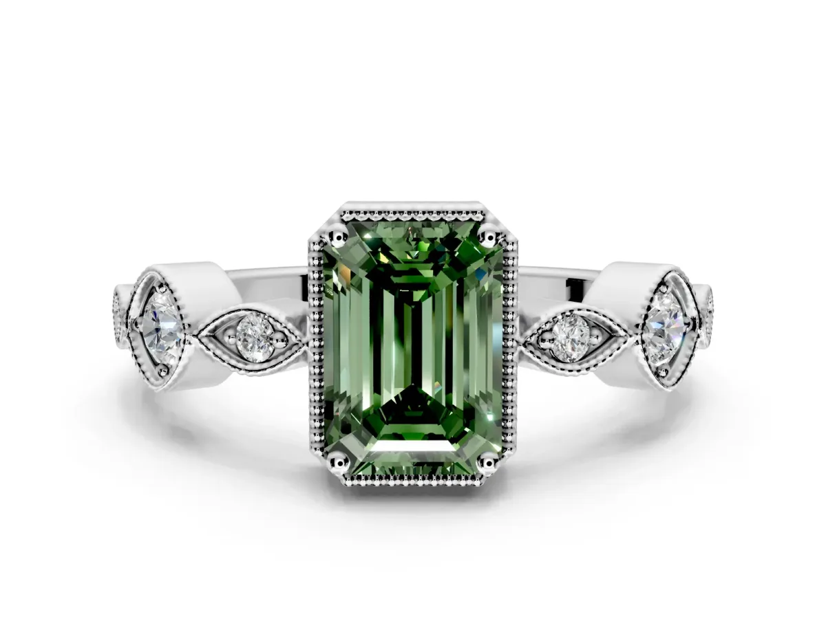 Vintage Station Engagement Ring Setting for Fancy Green Emerald Cut Center with Accents and Prong Head in Platinum