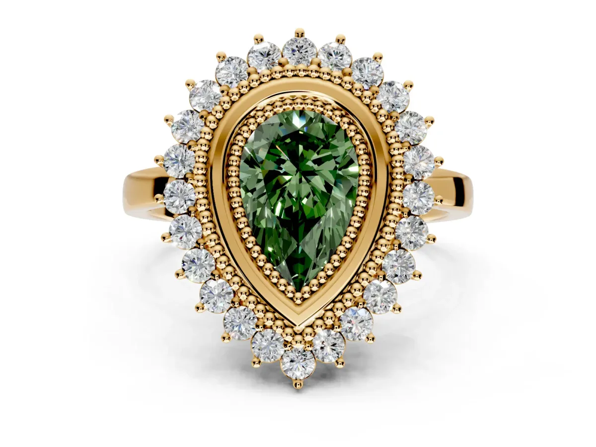 Halo Engagement Ring Setting for Fancy Green Pear-Shaped Center with Milgrain Bezel Rim, Plain Band and Prong Head in Yellow Gold