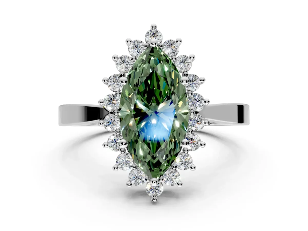 Starburst Halo Engagement Ring Setting for Fancy Green Marquise Center with Flat Cathedral Band and Prong Head in Sterling Silver