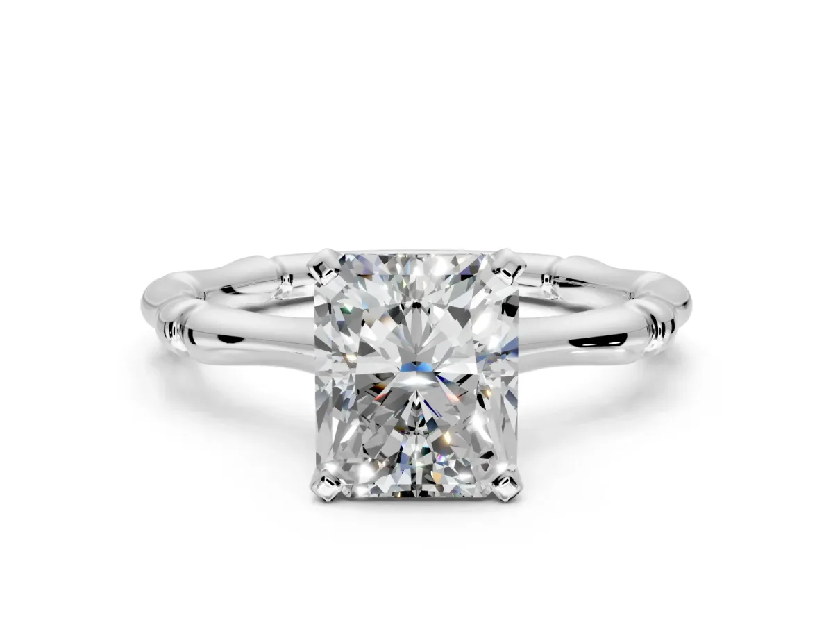 Solitaire Engagement Ring Setting for Radiant Cut Center with Bamboo Band and Prong Head in Sterling Silver