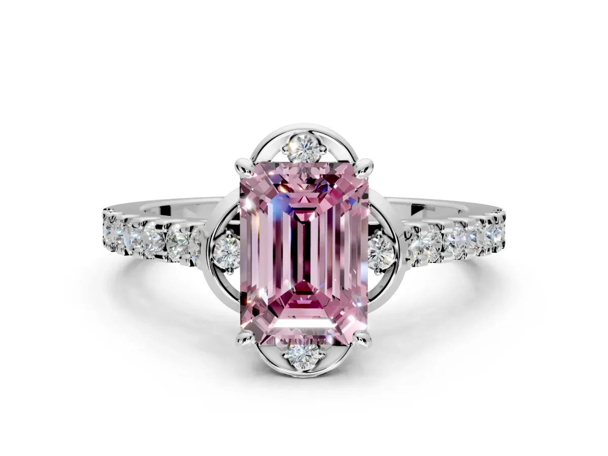 Floral Engagement Ring Setting for Fancy Pink Emerald Cut Center with Pave Band and Floral Prong Head in Platinum