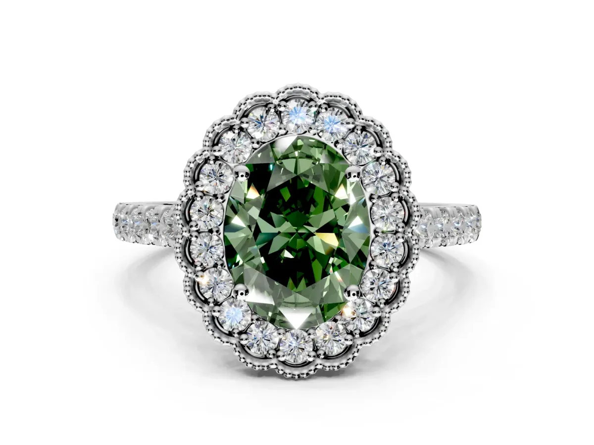 Milgrain Floral Halo Engagement Ring Setting for Fancy Green Oval Center with Pave Band and Prong Head in Sterling Silver