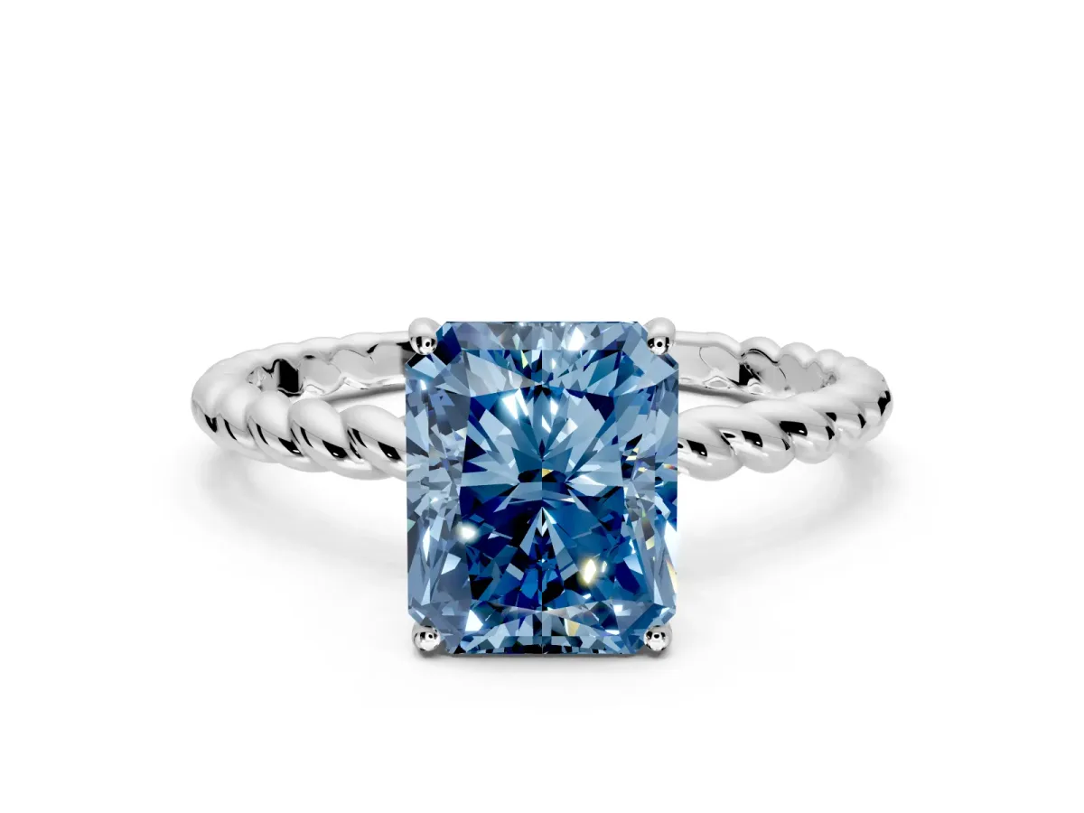 Solitaire Engagement Ring Setting for Fancy Blue Radiant Cut Center with Plain Twisted Rope Band and Prong Head in Platinum