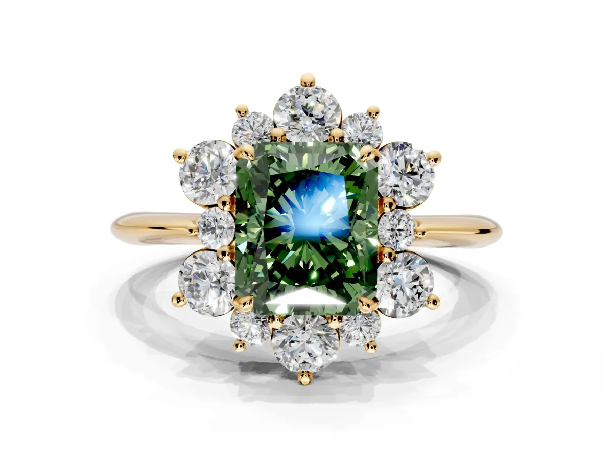 Small-Accent Cluster Halo Engagement Ring Setting for Fancy Green Radiant Cut Center with Plain Band and Prong Head in Yellow Gold