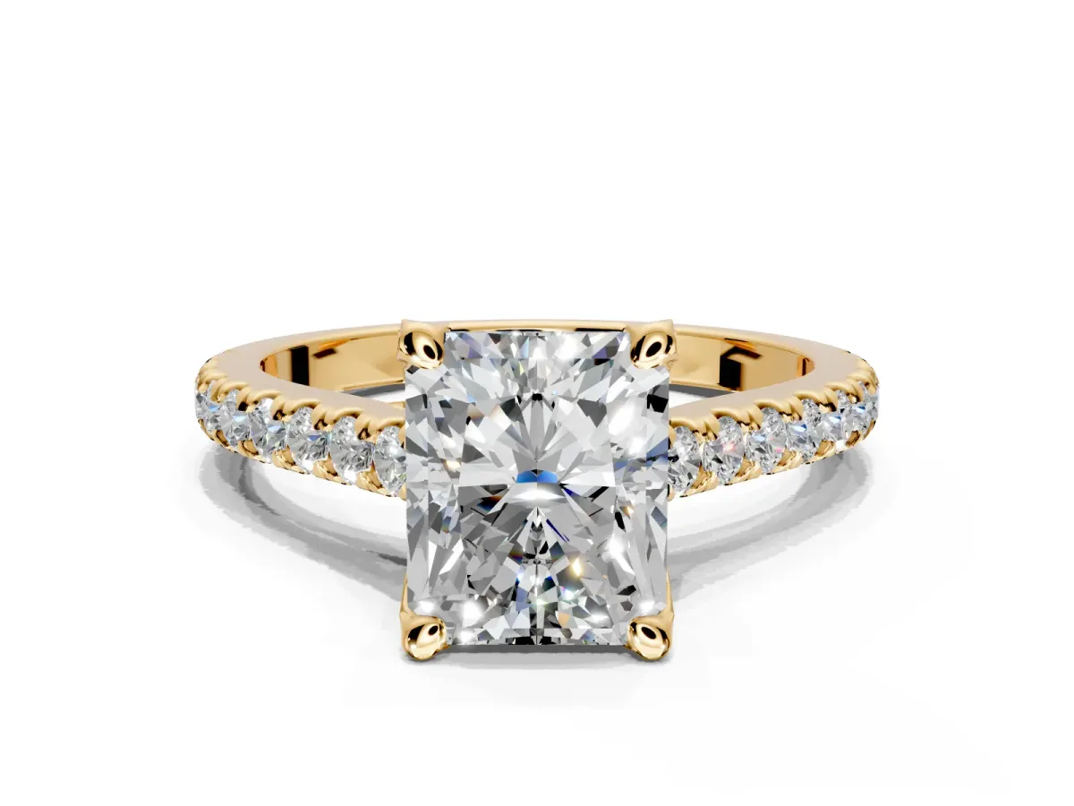 Solitaire Engagement Ring Setting for Radiant Cut Center with Widening Pave Band and Claw Prong Head in Yellow Gold