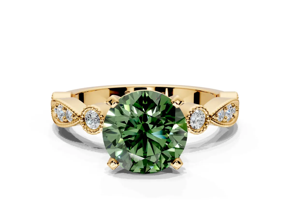 Solitaire Engagement Ring Setting for Fancy Green Round Cut Center with Milgrain Bezel Accents and Prong Head in Yellow Gold