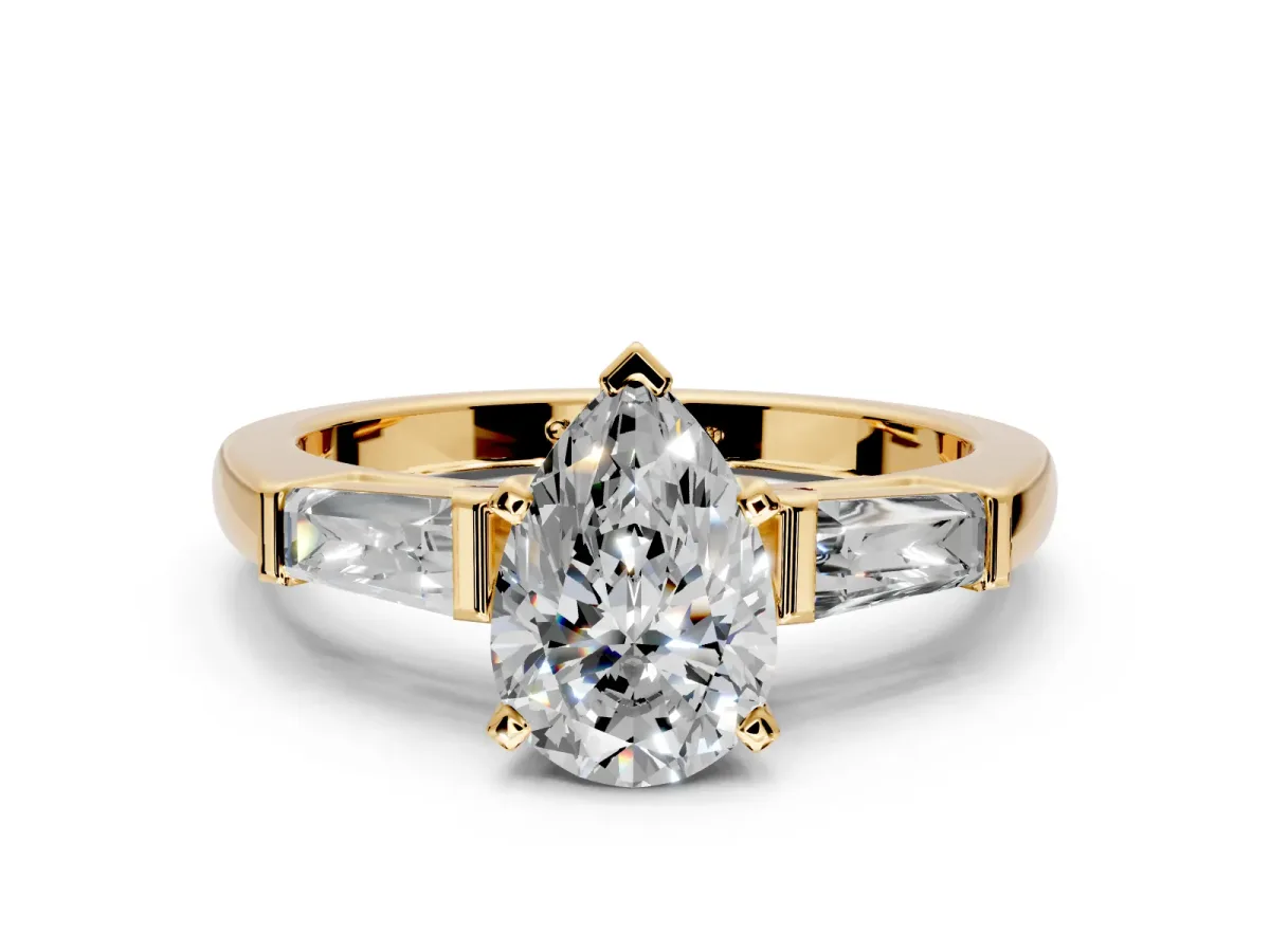 3 Stone Engagement Ring Setting for Pear-Shaped Center with Tapered Baguettes, Plain Band and Prong Head in Yellow Gold