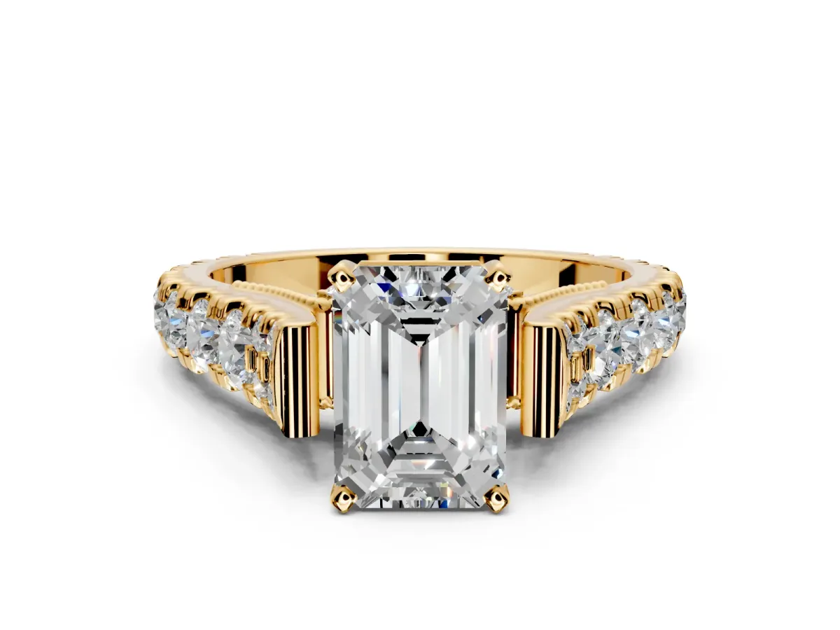 Solitaire Engagement Ring Setting for Emerald Cut Center with Pave Cathedral Shoulders and Prong Head in Yellow Gold