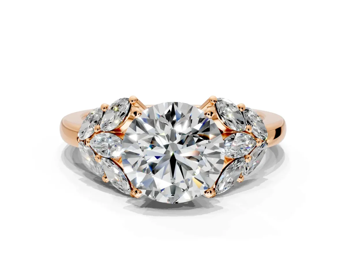 Leaf Cluster Engagement Ring Setting for Round Cut Center with Marquise Accents and Prong Head in Rose Gold