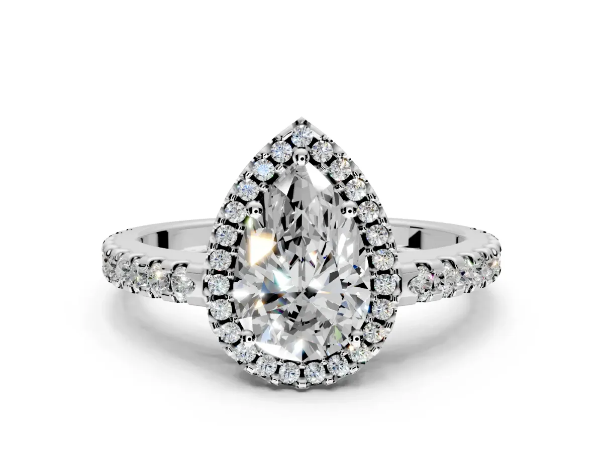 Accent Halo Engagement Ring Setting for Pear-Shaped Center with Full-Length Pave Band and Prong Head in Sterling Silver