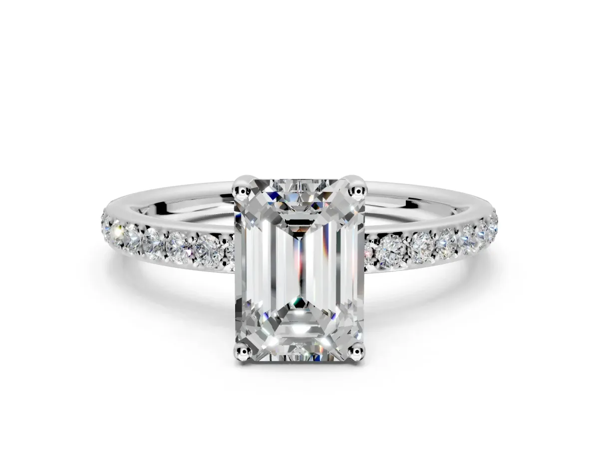 Solitaire Engagement Ring Setting for Emerald Cut Center with Fine Pave Band and Prong Head in Platinum