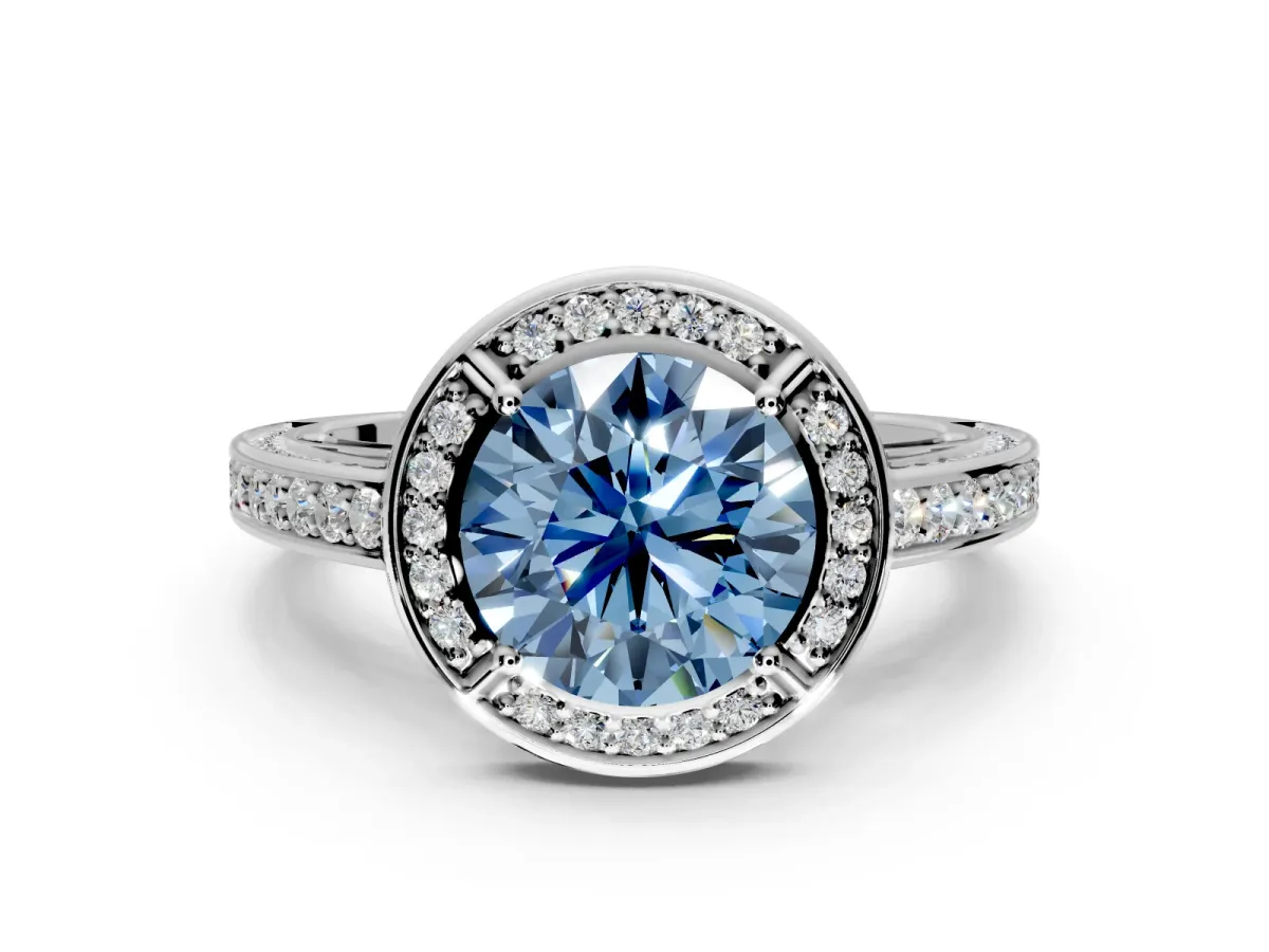 Halo Engagement Ring Setting for Fancy Blue Round Cut Center with Framed Halo, Pave Band and Prong Head in Platinum