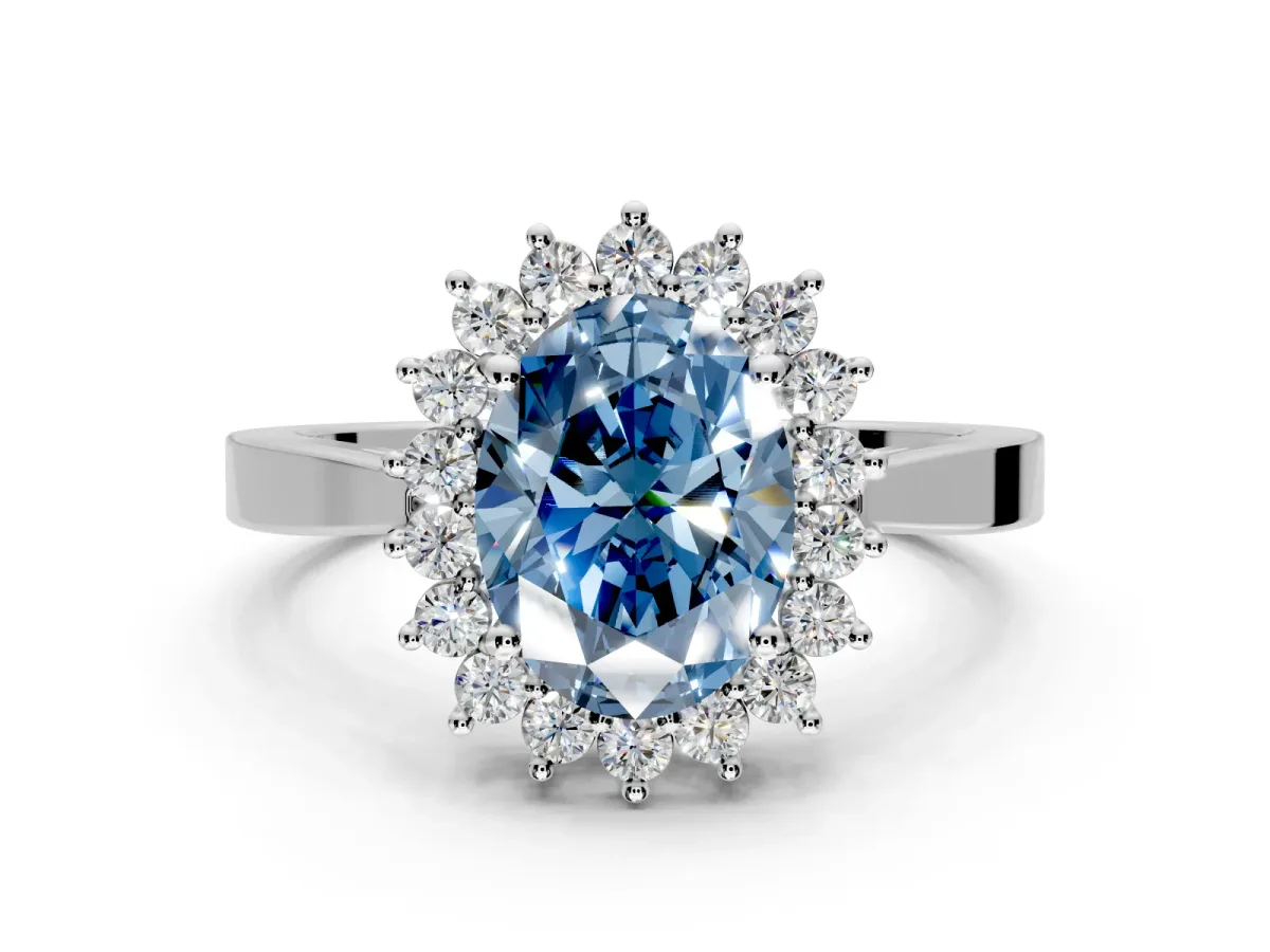 Starburst Halo Engagement Ring Setting for Fancy Blue Oval Center with Flat Cathedral Band and Prong Head in Platinum