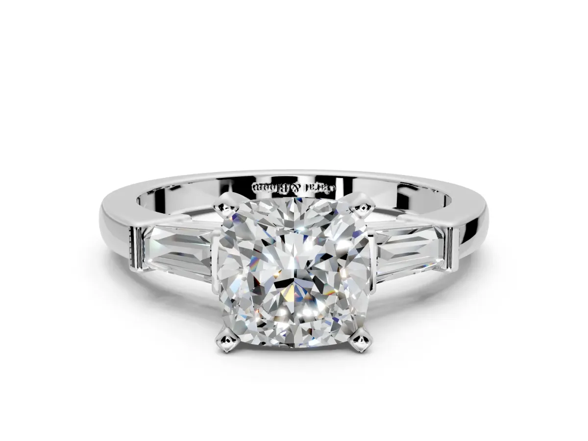 3 Stone Engagement Ring Setting for Cushion Cut Center with Channel Baguette Accents and Prong Head in Sterling Silver